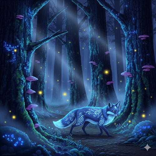 Bioluminescent forest at night with a blue fox, fireflies, soft fog rays, high micro-detail