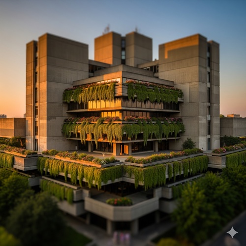 Brutalist library with hanging gardens, golden hour, tilt-shift lens, clean symmetry, photoreal architecture