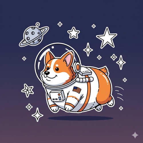 Vector: chubby corgi astronaut drifting with a tiny planet and star stickers, flat shading, bold clean outlines