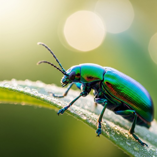 Macro of an iridescent beetle on a dewy leaf, extreme detail, creamy bokeh, natural light