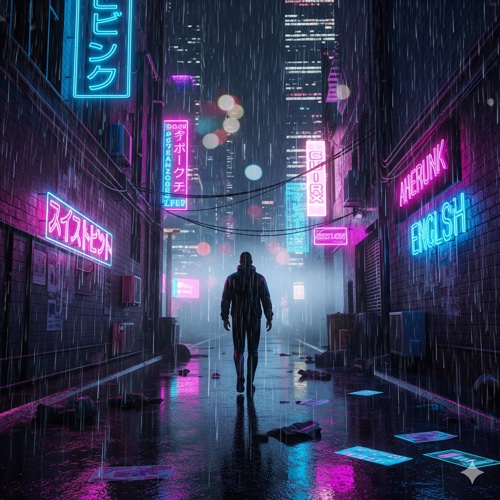 Neon rain alley, wet asphalt reflections, cinematic bokeh, subtle fog, cyberpunk city at night