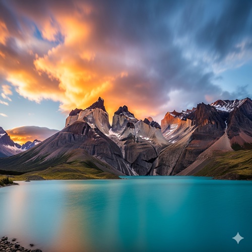 Patagonia-style granite peaks at sunrise above a turquoise lake, long-exposure water, dramatic clouds, ultra-wide 14mm look