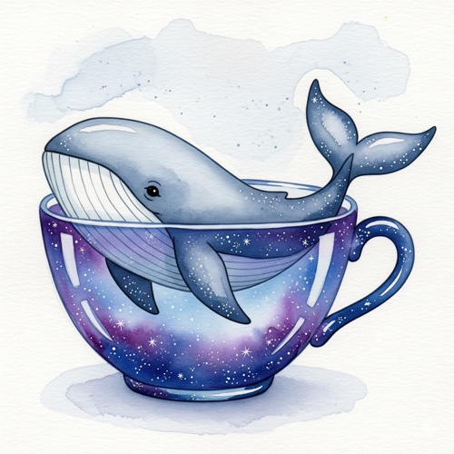 Watercolor: a whale inside a starry teacup, soft washes, paper grain visible, children’s-book style